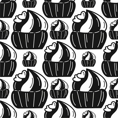 Nahtloses schwarz-weißes Muster von Cupcakes mit Schlagsahne und Herzen.