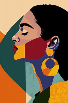 Elegante vrouw in kleurrijk, abstract geometrisch ontwerp van De Muurdecoratie