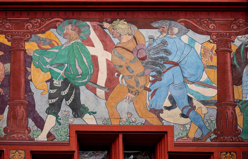 Fresco with knights at Basel Town Hall in Switzerland by Joost Adriaanse