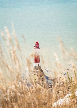 Rot-weißer Leuchtturm an den Seven Sisters Cliffs durch getrocknetes Gras gesehen