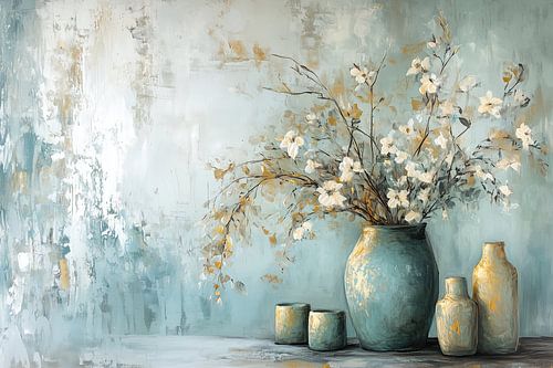 flower still life | Teal Vase With White Blossoms by Eye catching paintings