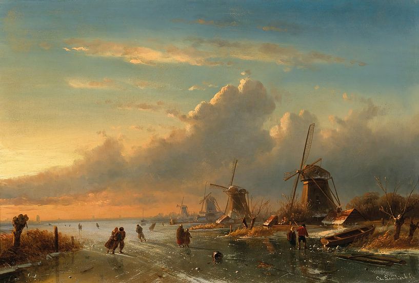 A winter landscape at sunset with figures on the ice, Charles Leickert by Masterful Masters
