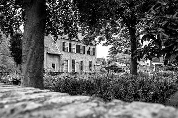 Zwart wit foto van een typisch oud-Hollands statig gebouw met een tuin aan de voorkant en bomen van Crea-Ti