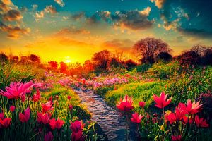 Frühling in einem Garten mit Blumen Illustration