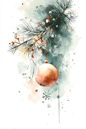 Pine branch with Christmas ball in Watercolor no. 3