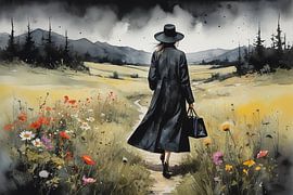 Frau in Schwarz zwischen Wildblumen