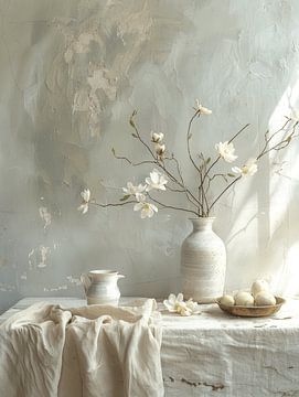 Minimalistisches Stillleben mit Magnolie in Weiß, Japandi-Stil von Japandi Art Studio