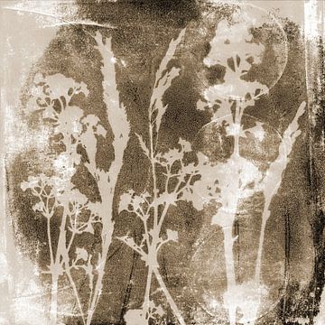 Beige bloemen. Abstract Retro Botanisch. Bloemen, planten en bladeren in bruin van Dina Dankers
