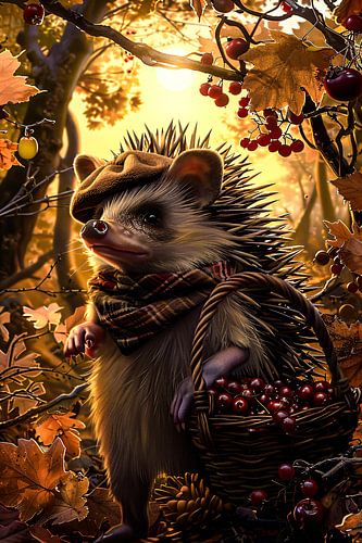 Egel in herfstlandschap met mand