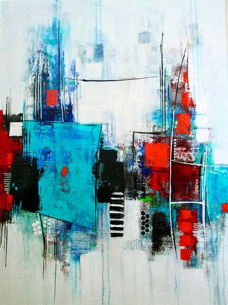Abstract composition in turquoise and red No. 4 by Claudia Neubauer