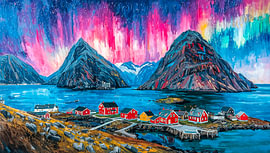 Aurora Borealis Over Fjord Village - Lofoten, Norway by Joseph S Giacalone Photography