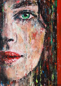 Abstraktes Porträt einer Frau mit grünem Auge und roten Lippen von Anja Namink - Gemälde