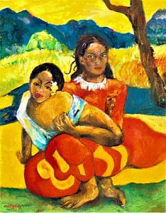 Deux jeunes filles tahitiennes. Inspiré par Paul Gauquin. Peint à la main.
