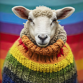 Sheep in warm rainbow-coloured wool jumper