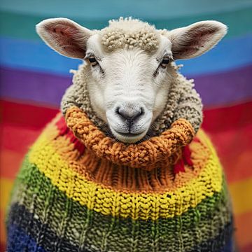 Mouton dans un chaud pull en laine aux couleurs de l'arc-en-ciel sur Vlindertuin Art