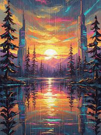 Neon Horizons : un coucher de soleil cybernétique reflétant la symbiose sur Artistic