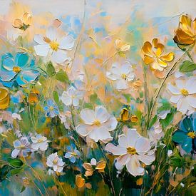 Peinture d'un champ de fleurs aux couleurs fraîches avec de l'or sur Studio Pieternel