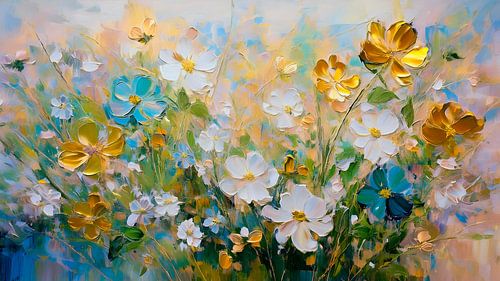 Peinture d'un champ de fleurs aux couleurs fraîches avec de l'or