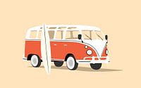 Red volkswagen van with surfboard
