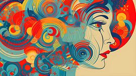 Profil féminin, géométrique, mélange de couleurs pastel et de couleurs vives