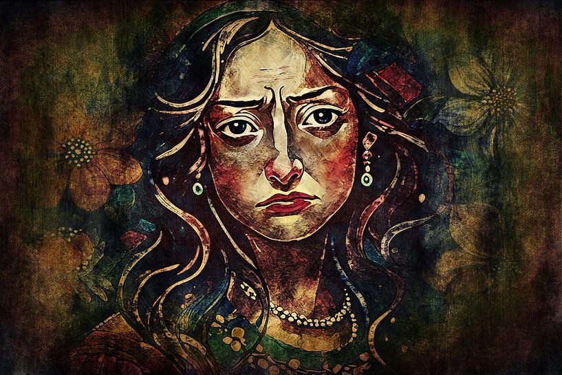 Porträt eines traurigen Mädchens mit Blumen (Kunst) von Art by Jeronimo