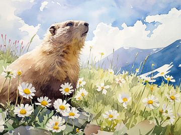 Marmot Weide Hoge bergen Bloemen Lucht Wolken Alpen van gm_designs