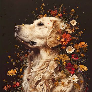 Golden Retriever mit Blumen von Marlon Paul Bruin