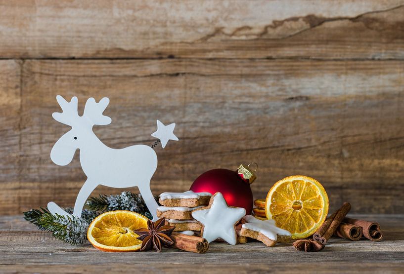 Christmas background decoration with reindeer, cookies, orange slices by Alex Winter