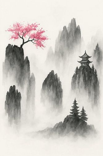 Japans berglandschap met tempel (sakura, kersenbloesem, mist, japandi, inkt, schilderij, pagode, zen, meditatie, sereen)