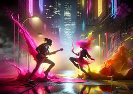 Guitar player and hip hop dancer in the streets with paint splashing in the street by Eye on You