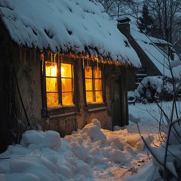 Winter sneeuw hut bos schemering raam gezelligheid van gm_designs