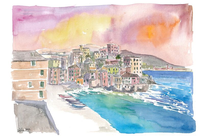Boccadasse Klein Italiaans vissersdorpje in de stad Genua van Markus Bleichner