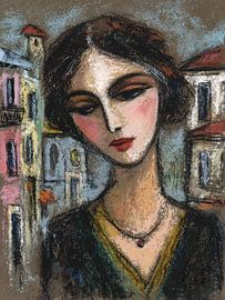 Sierra Nevada painting | Woman and colourful houses