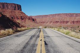 Typisch amerikanischer Road Trip, Straße mit atemberaubender Canyon-Landschaft in Utah von Michiel Dros