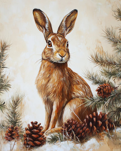Aufmerksamer Hase im warmen Schein der Kiefern