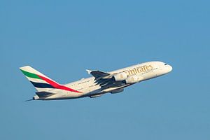 Emirates Airline Airbus A380 flying high up in the air