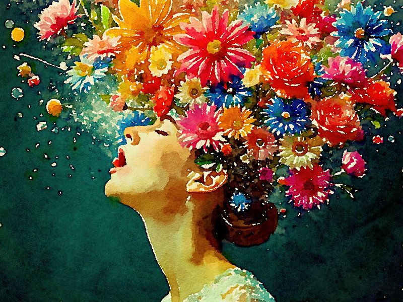 Frau mit Blumen auf dem Kopf von The Photo Artist