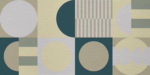 Abstracte geometrische moderne kunst in groen, beige en grijs.