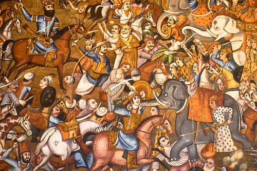 Perzische fresco: veldslag in goud en rood