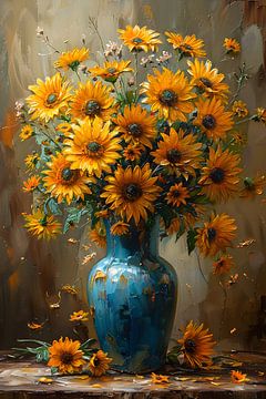Zonnebloemen Schilderij | Schilderij met Zonnebloemen | Schilderij Bloemen in Vaas van AiArtLand