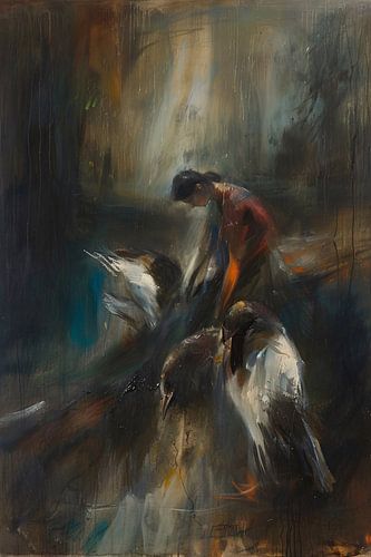 Abstracte voorstelling van vogels en mens