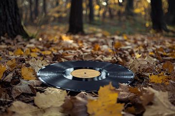 Vintage vinylplaat in herfstbladeren van Art & Soul Creations