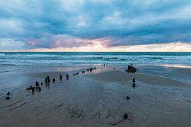 Alte Buhnen am Strand von Westerland auf Sylt am Abend von Werner Dieterich