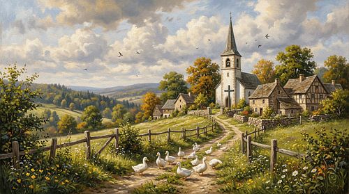Vredig landelijk dorpsgezicht met kerk en eenden op het platteland