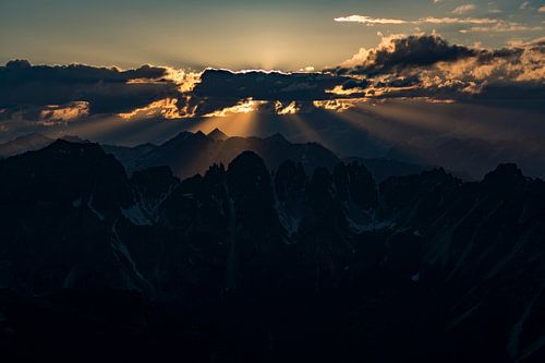 Wonderful sun rays. Sunset Axamer Lizum.