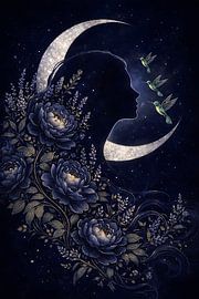 Silhouet van een hemelse vrouw met bloemen en kolibries van Faheem Beigh