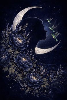 Celestial Woman Silhouette with Flowers and Hummingbirds