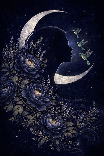 Silhouet van een hemelse vrouw met bloemen en kolibries