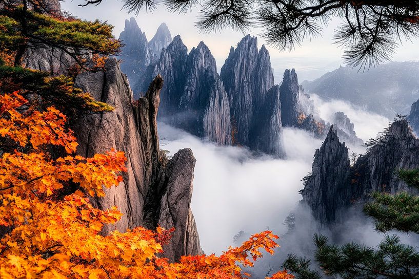 Herbstliche Berglandschaft im Nebel von Poster Art Shop