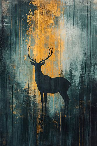 Silhouet hert in gouden mist